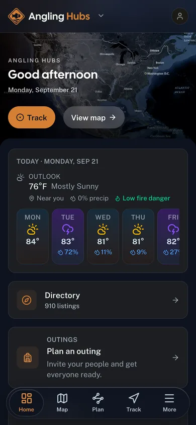 The Angling Hubs app dashboard