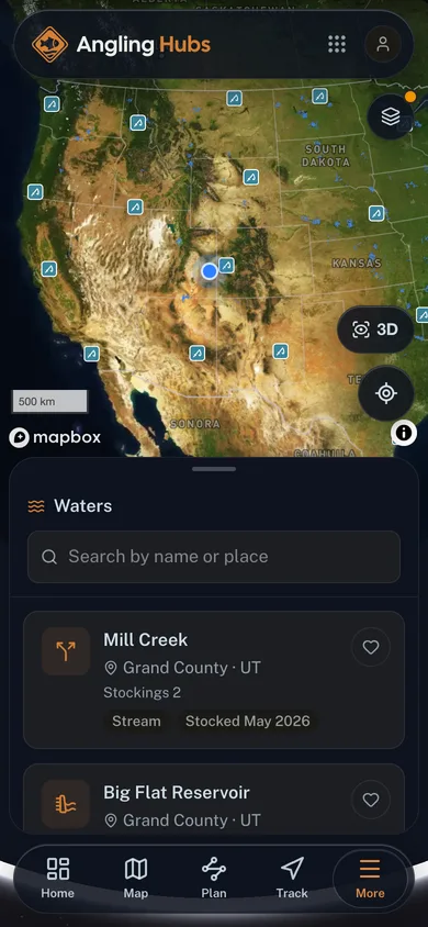 A mapped place open beside the surrounding catalog in the Angling Hubs app