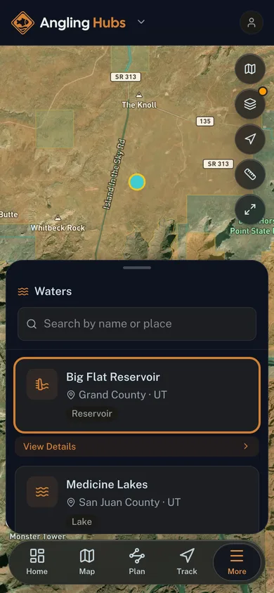 A mapped place open beside the surrounding catalog in the Angling Hubs app