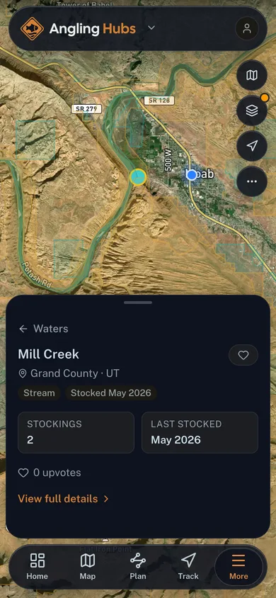 A mapped place open beside the surrounding catalog in the Angling Hubs app