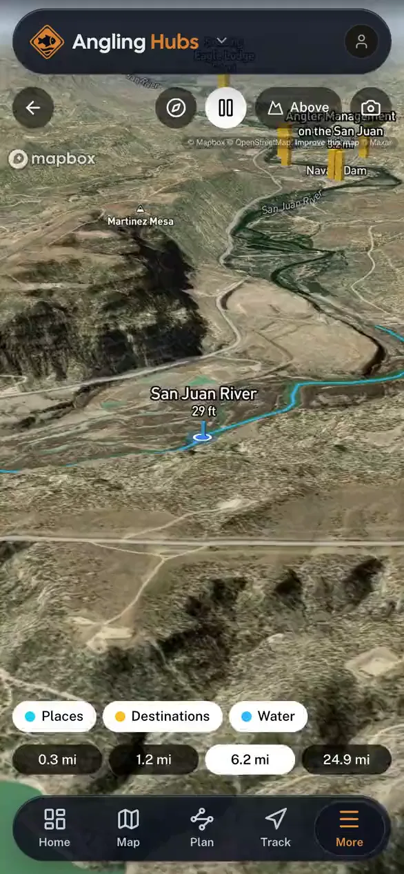 Nearby places standing on the real terrain in 3D in the Angling Hubs app