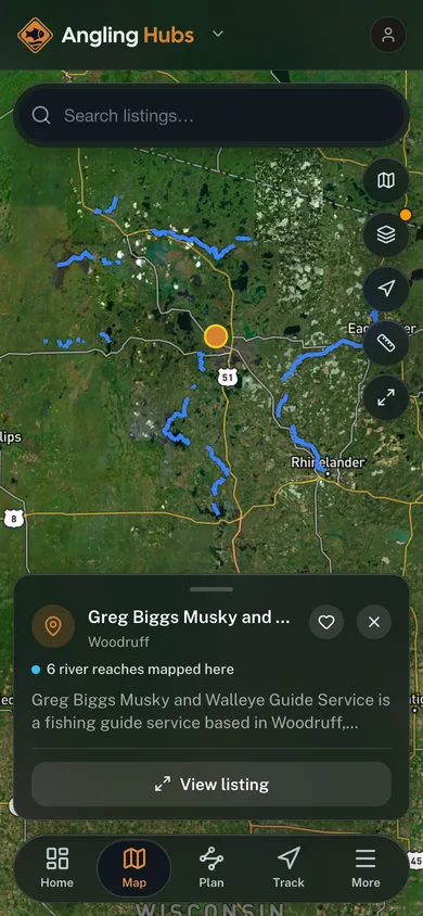 Nearby places mapped in the Angling Hubs app