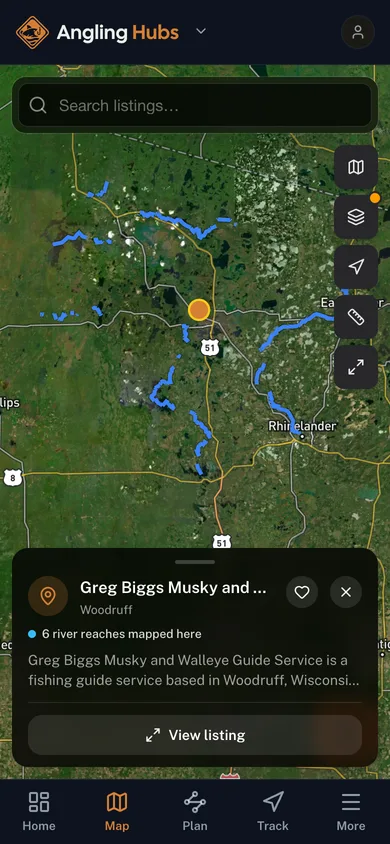 Nearby places mapped in the Angling Hubs app