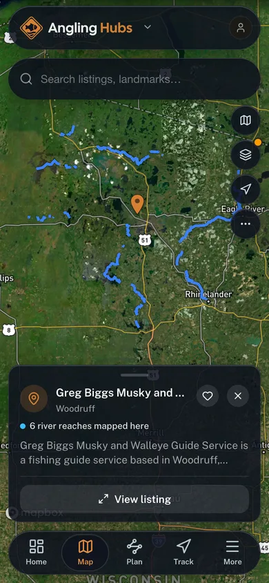 Nearby places mapped in the Angling Hubs app