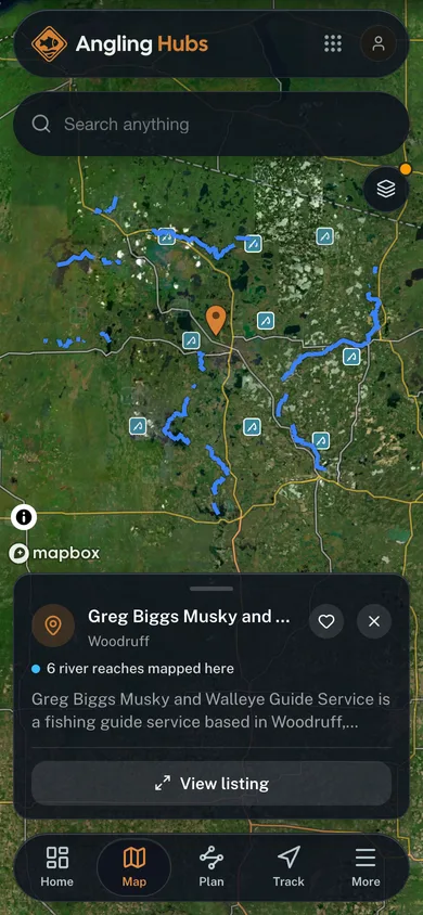 Nearby places mapped in the Angling Hubs app