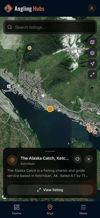 Nearby places mapped in the Angling Hubs app