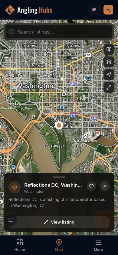 Nearby places mapped in the Angling Hubs app