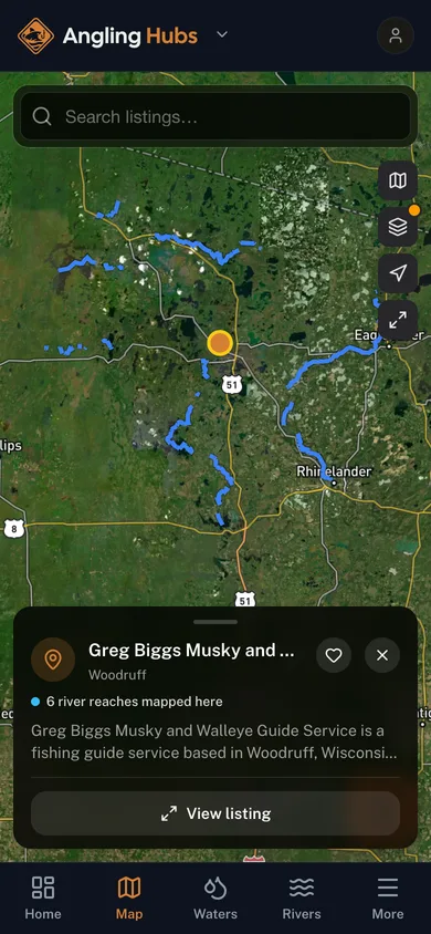 Nearby places mapped in the Angling Hubs app