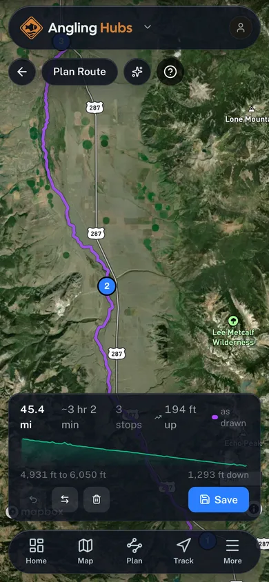 A planned route with its distance, stops and elevation profile in the Angling Hubs app