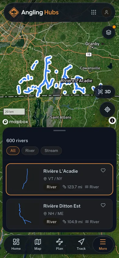 A river reach selected out of the mapped river network in the Angling Hubs app
