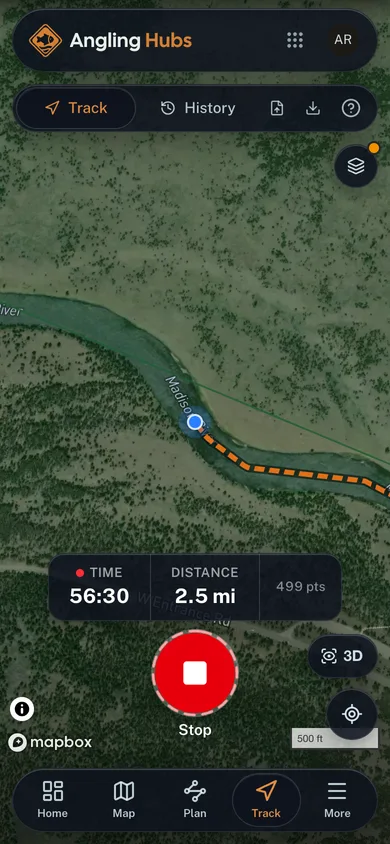 A trip being recorded live, with its line, time and distance in the Angling Hubs app