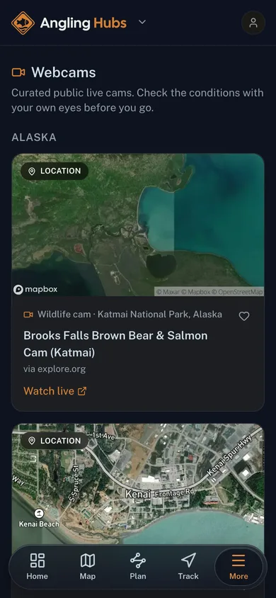 Live public webcams grouped by state in the Angling Hubs app