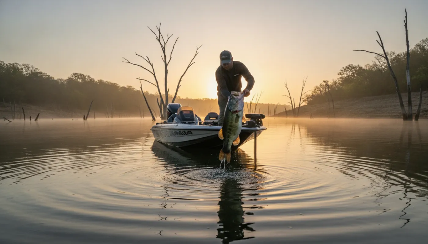 A bass angler on a Texas reservoir at first light lifting a heavy largemouth bass boatside, flooded standing timber and a quiet shoreline behind, warm calm spring morning light