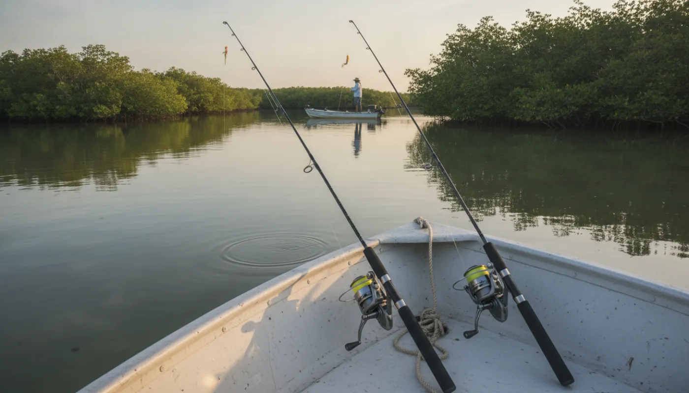 A pair of inshore saltwater spinning rods and reels leaned against a boat gunwale in a backcountry setting, rigged with braid and leader, a calm mangrove shoreline and soft morning light behind