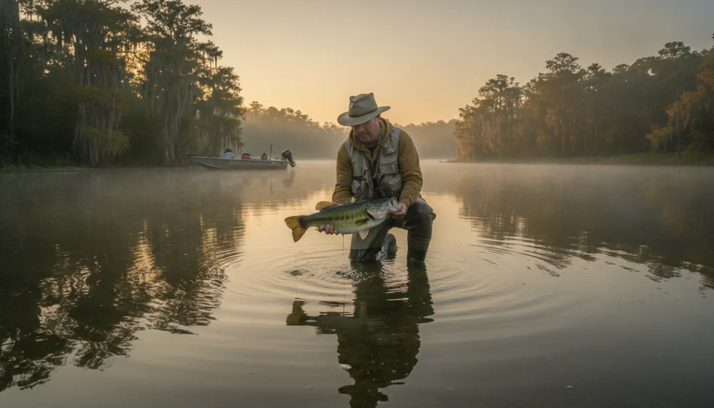 An angler kneeling in shallow water at dawn gently releasing a largemouth bass, hands wet, the fish held just above the calm surface, soft golden light across the lake