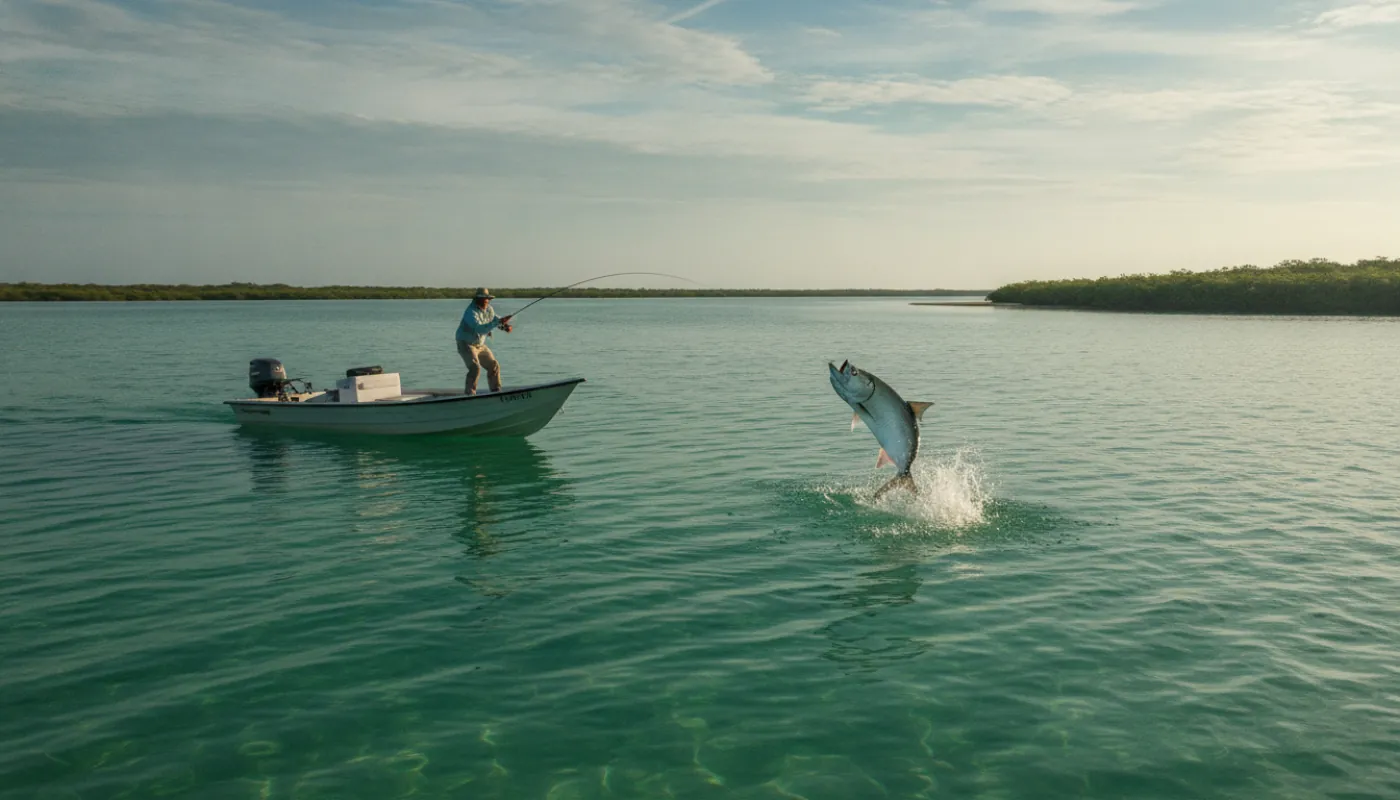 A fly angler on the bow of a flats skiff hooked into an airborne silver tarpon in the Florida Keys, the big fish leaping and throwing spray over shallow turquoise water, bright calm morning light