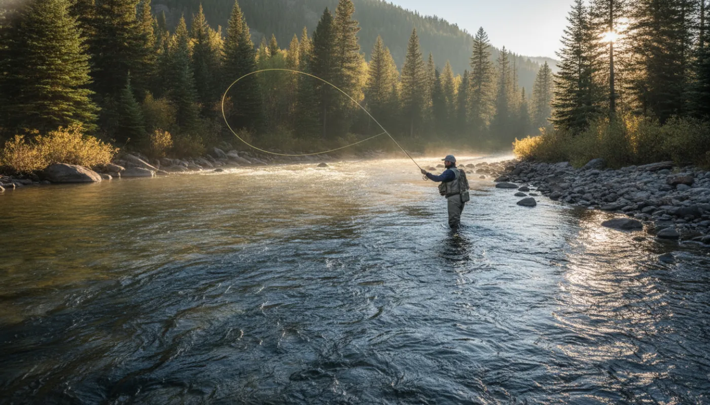 A fly angler mid-cast in a mountain trout stream at golden hour, a loop of line unrolling over riffled water, evergreen banks and a rocky run behind in warm backlight