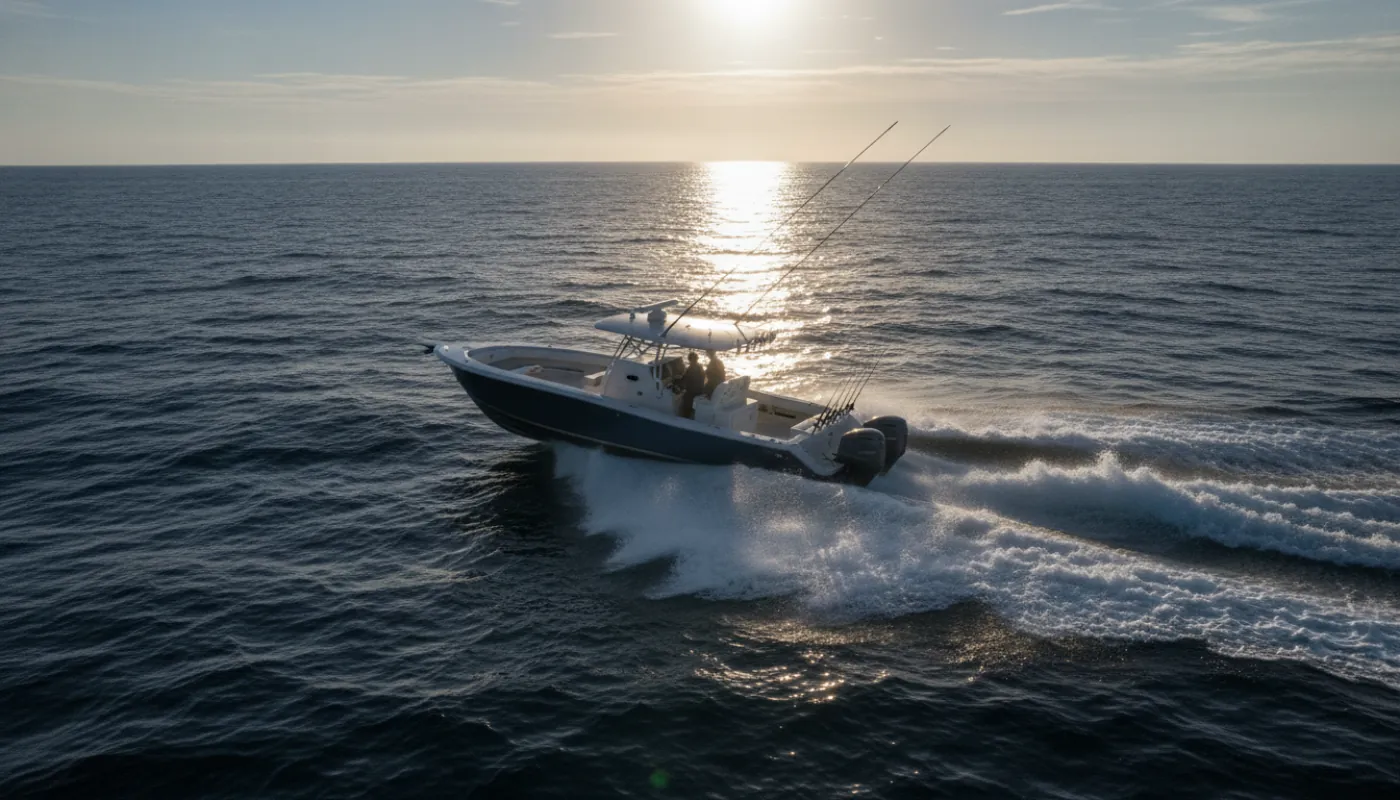 A center-console sportfishing boat running offshore across open blue-water swells under a bright morning sky, outriggers raised, a white wake trailing behind, land long gone from the horizon