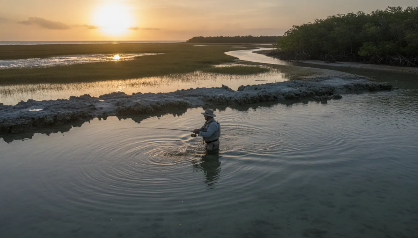 A wading angler working a shallow coastal grass flat on a falling tide at golden hour, exposed oyster bars and a draining tidal creek behind, a wake pushing across the flat in warm low light