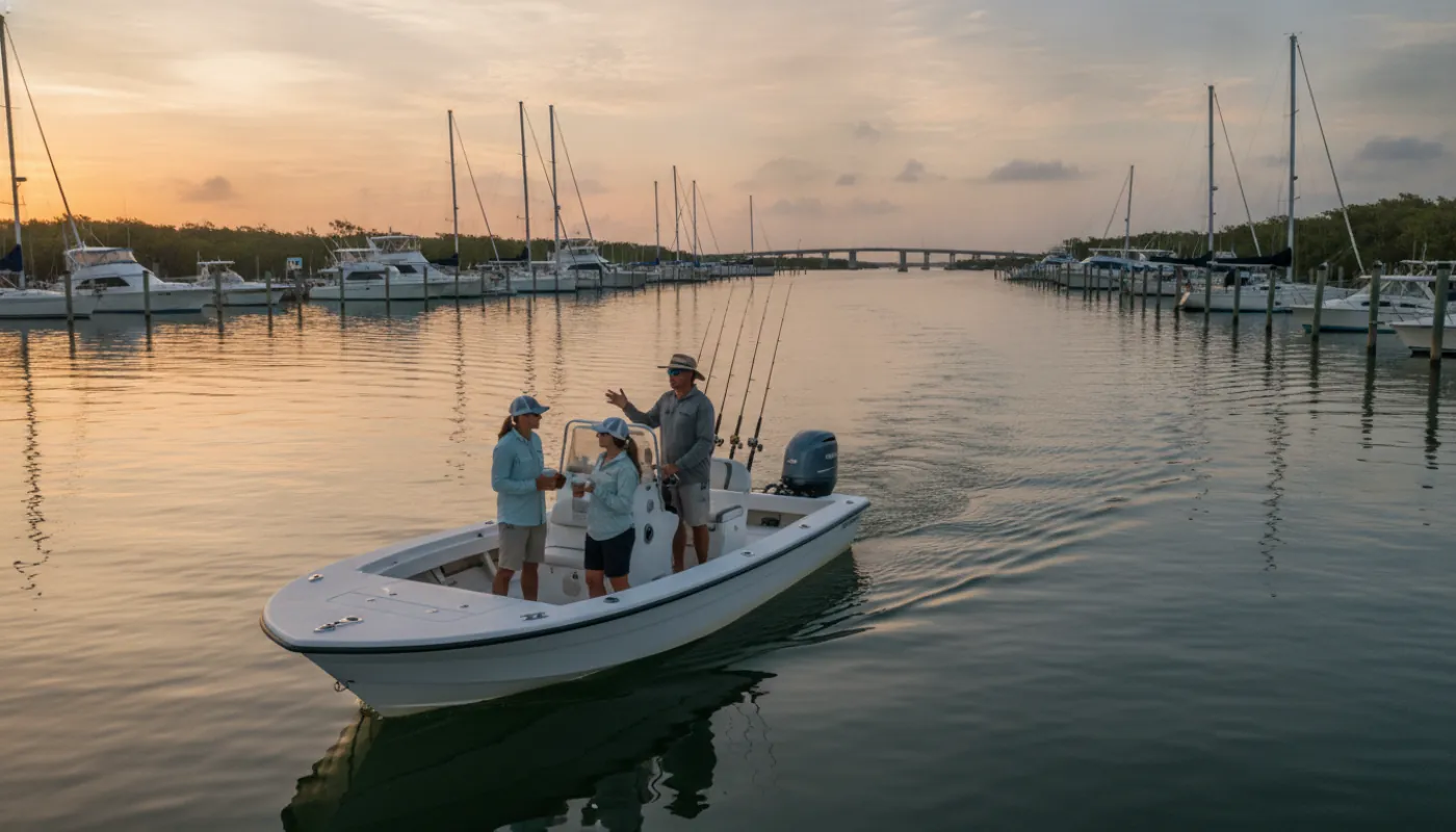 A fishing charter captain at the helm of an inshore skiff talking with two clients as they idle out of a marina at dawn, rods upright in the rod holders, calm harbor water and moored boats behind