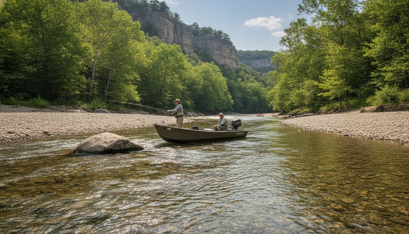 Two anglers drifting a johnboat down a clear Ozark river on a bright morning, gravel bars and tree-lined bluffs along the bank, one casting toward a rocky current seam, dappled light on the water