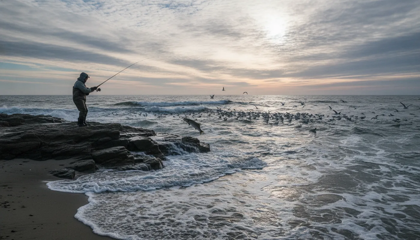 A surfcaster on a rocky Mid-Atlantic point at dawn during the fall run, rod bent into a striped bass, breaking waves and gulls diving over bait offshore, cold silver light