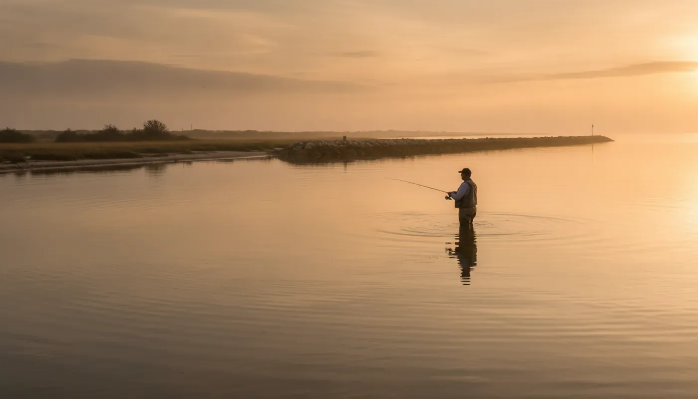 An angler wading a shallow Texas coastal bay at sunrise with a spinning rod, a distant rock jetty and low shoreline behind, warm early light across calm water