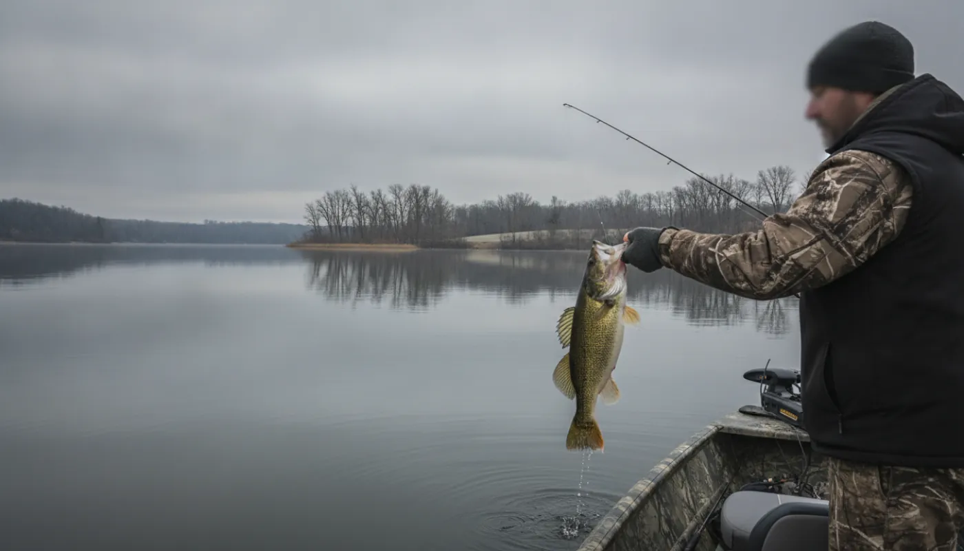 An angler vertically jigging for walleye from a boat on a cold gray late-fall lake, lifting a walleye boatside in the low light, bare shoreline trees and flat slate-colored water behind