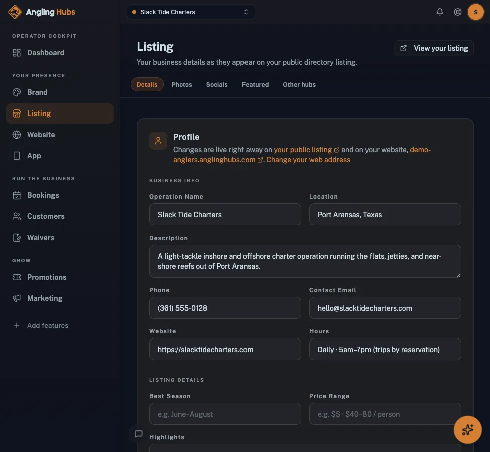 Angling Hubs cockpit: Directory listing