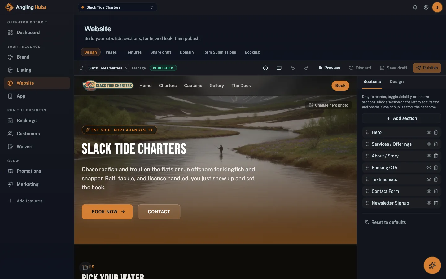 Angling Hubs cockpit: Website builder